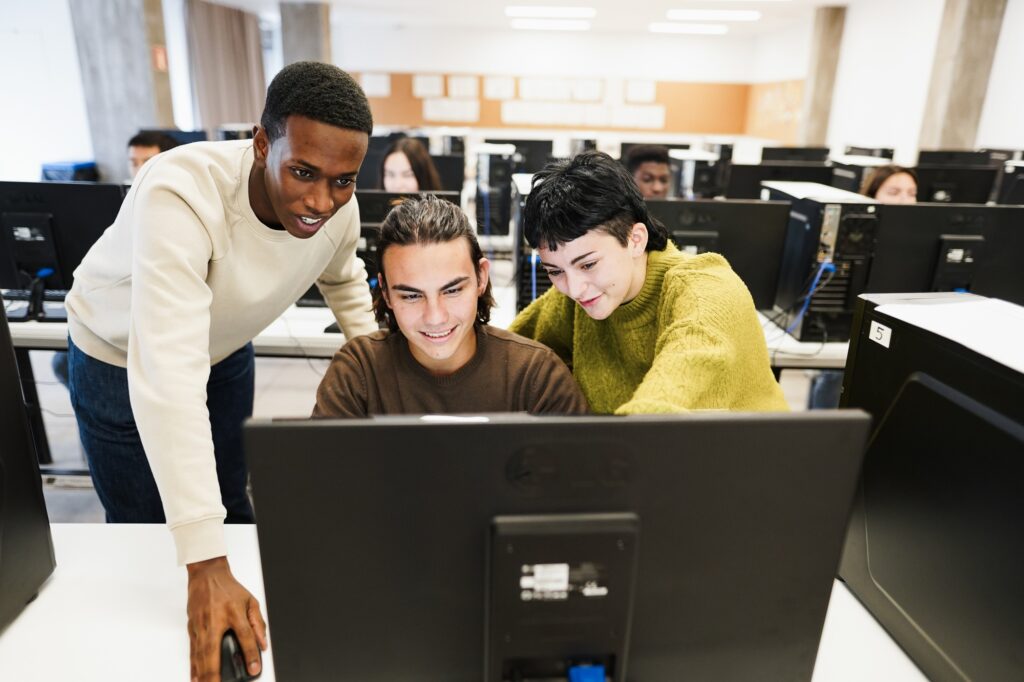 Multiracial students using personal computer at IT college class